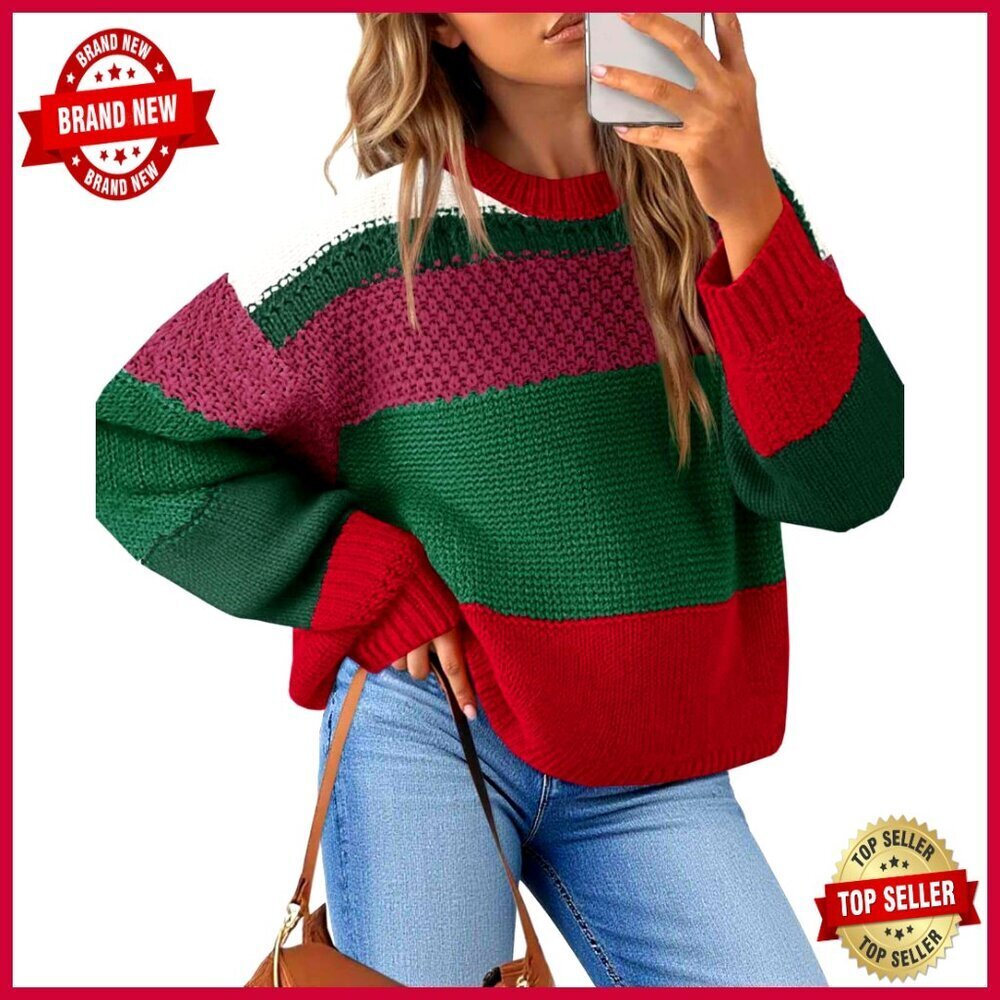 Oversized Cropped Pullover Sweater, Acrylic Knit, Crew Neck, Long Sleeve
